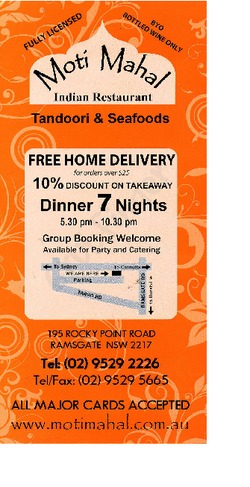 Scanned takeaway menu for Moti Mahal Indian