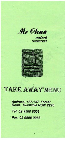 Scanned takeaway menu for Mr Chao Seafood Restaurant