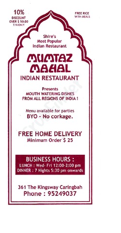 Scanned takeaway menu for Mumtaz Mahal Indian