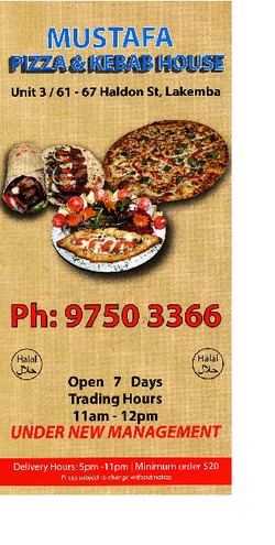 Scanned takeaway menu for Mustafa Pizza & Kebab House