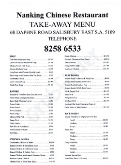 Scanned takeaway menu for Nanking Chinese Restaurant