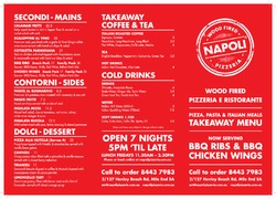 Scanned takeaway menu for Napoli Wood Fired Pizzeria