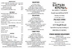 Scanned takeaway menu for New Eastern Kitchen