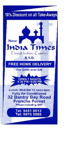 Scanned takeaway menu for New India Times