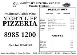 Scanned takeaway menu for Nightcliff Pizzeria – Closed