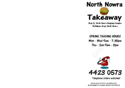 Scanned takeaway menu for North Nowra Takeaway