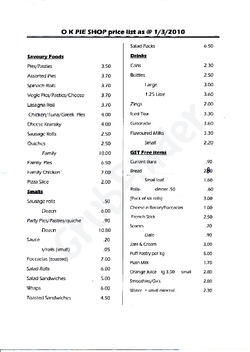 Scanned takeaway menu for O.K. Pie Shop