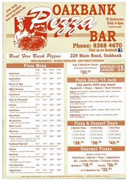 Scanned takeaway menu for Oakbank Pizza Bar