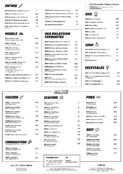 Scanned takeaway menu for Oka Malaysian & Chinese Cuisine