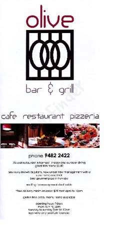 Scanned takeaway menu for Olive Bar & Grill