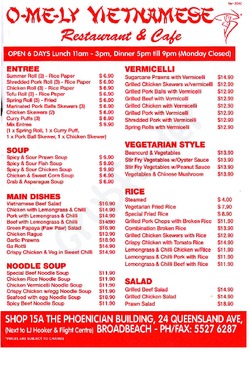 Scanned takeaway menu for O Me Ly Vietnamese