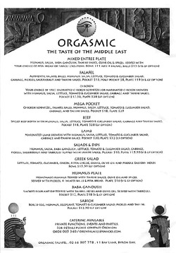 Scanned takeaway menu for Orgasmic Falafel
