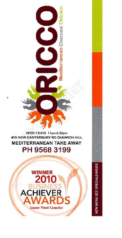 Scanned takeaway menu for Oricco Mediterranean Charcoal Chicken