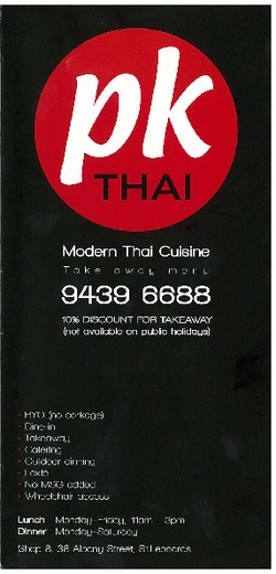 Scanned takeaway menu for pk Thai