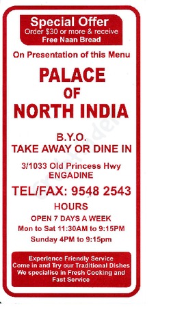 Scanned takeaway menu for Palace Of North India