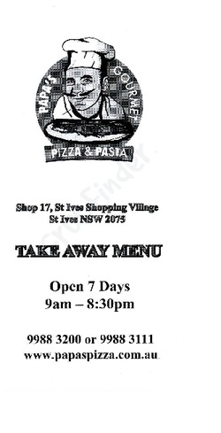 Scanned takeaway menu for Papa’s Gourmet Pizza & Pasta