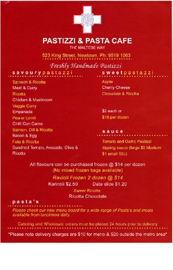 Scanned takeaway menu for Pastizzi & Pasta Cafe