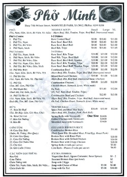 Scanned takeaway menu for Pho Minh