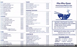 Scanned takeaway menu for Pho Phu Quoc Vietnamese Restaurant