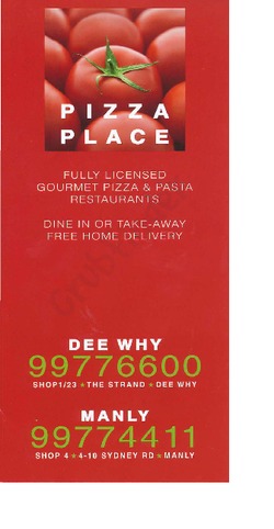 Scanned takeaway menu for Pizza Place – Dee Why