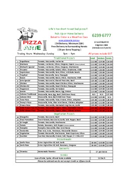 Scanned takeaway menu for Pizza Arte