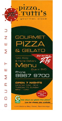 Scanned takeaway menu for Pizza Tutti’s Gourmet Pizza