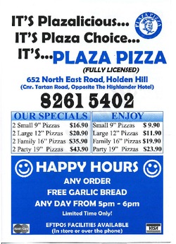 Scanned takeaway menu for Plaza Pizza