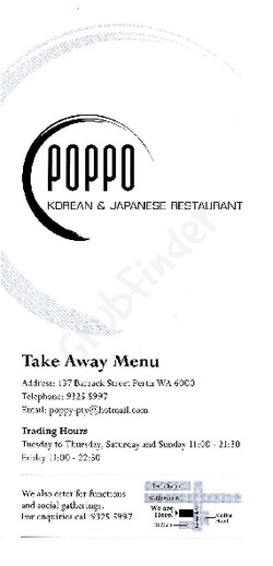 Scanned takeaway menu for Poppo Korean and Japanese Restaurant