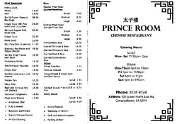 Scanned takeaway menu for Prince Room Restaurant