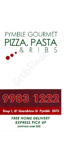 Scanned takeaway menu for Pymble Gourmet Pizza, Pasta & Ribs