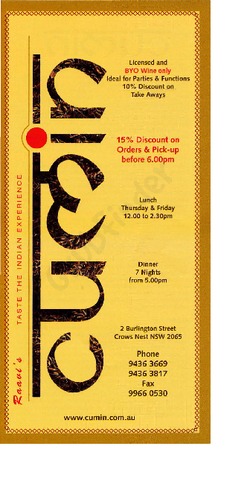 Scanned takeaway menu for Raavi’s Cumin