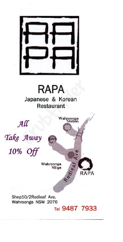 Scanned takeaway menu for Rapa Japanese & Korean Restaurant