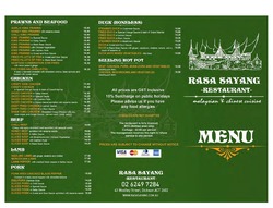 Scanned takeaway menu for Rasa Sayang Restaurant