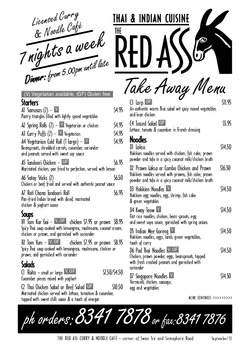 Scanned takeaway menu for The Red Ass