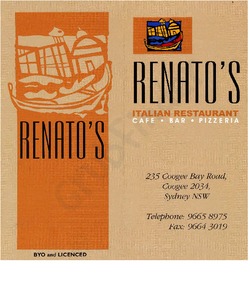 Scanned takeaway menu for Renato’s Italian Restaurant