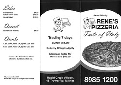 Scanned takeaway menu for Rene’s Pizzeria