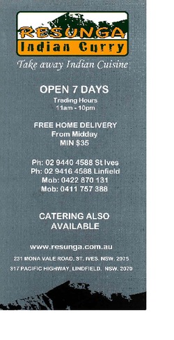Scanned takeaway menu for Resunga Indian Curry
