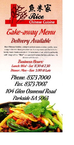 Scanned takeaway menu for Rice Chinese Restaurant