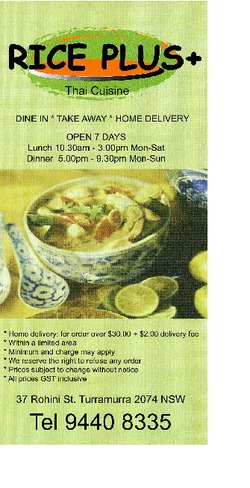 Scanned takeaway menu for Rice Plus+ Thai