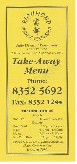 Scanned takeaway menu for Richmond Chinese Restauant