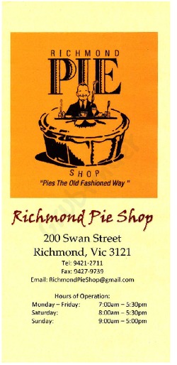 Scanned takeaway menu for Richmond Pie Shop