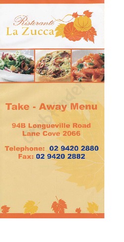 Scanned takeaway menu for Ristorante La Zucca