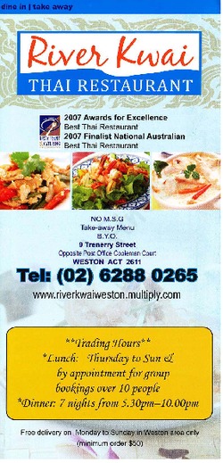 Scanned takeaway menu for River Kwai Thai Restaurant