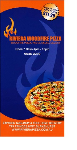 Scanned takeaway menu for Riviera Woodfire Pizza