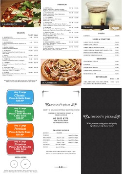 Scanned takeaway menu for Rococo’s Pizza
