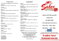 Scanned takeaway menu for Sabor Cafe & Pizzeria