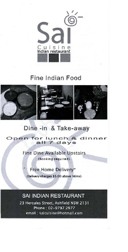 Scanned takeaway menu for Sai Cuisine Indian Restaurant