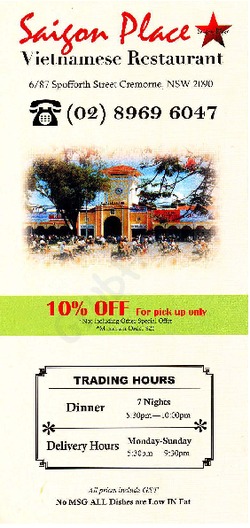 Scanned takeaway menu for Saigon Place Vietnamese