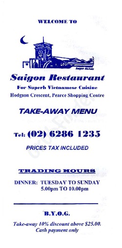 Scanned takeaway menu for Saigon Restaurant