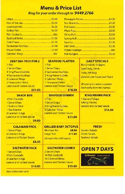 Scanned takeaway menu for Saltwater Seafoods